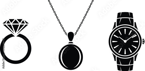 A graphic representation of a diamond ring, a necklace, and a watch on a white background in black color