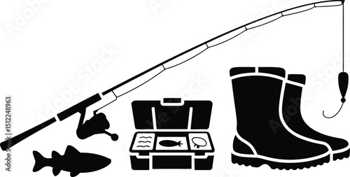 A black and white illustration of fishing gear including a rod boots and tackle box on a white backdrop