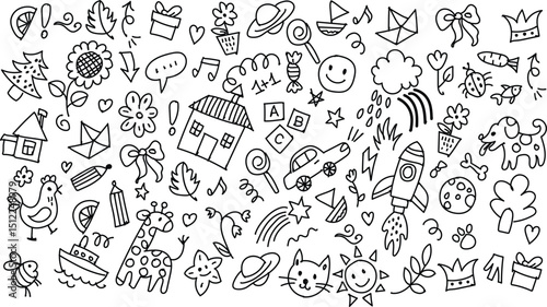 Cute kid doodle background with hand drawn icons. Pencil sketch illustration of rainbow, sun, cat, flower, house, cloud. Fun children vector pattern. School, summer, playful design.