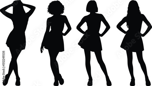 Four silhouettes of women in dresses posing with different hairstyles on a white background image view