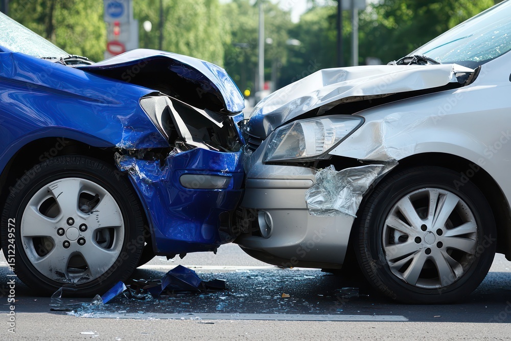 Head-on crash between blue and silver cars Head-on crash between blue and silver cars
