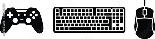 A black and white illustration of a gamepad keyboard and mouse on a plain white background vector image