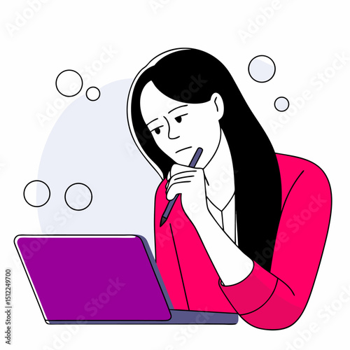 Pensive Woman Working on Laptop with Empty Thoughts
