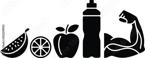 Black and white illustration of healthy lifestyle items including fruits water and muscular arm icon