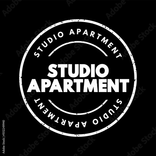 Studio Apartment in which the normal functions of a number of rooms often are combined into a single room, text concept stamp