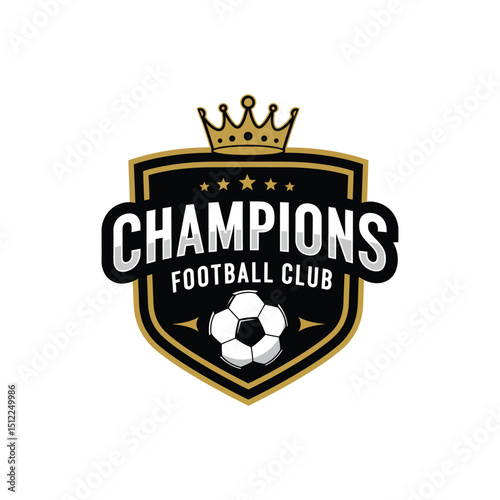 "Champions Football Club Emblem – Black and White Soccer Badge Logo with Crown Design"