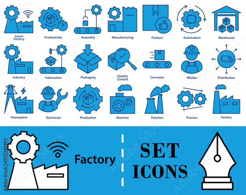 Set of glyph style icons of industrial production, factory operations and automation systems. Includes icons for factory buildings, robot arms, machine gears, assembly lines, pollution etc.