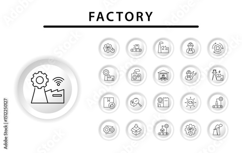 Set of icons in modern button style frames, factory operations and automation systems. Includes icons for factory buildings, robot arms, machine gears, assembly lines, pollution etc.