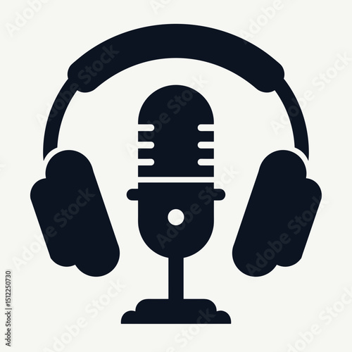Retro microphone with headphones in black silhouette design  
