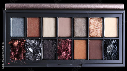A vibrant and artistic arrangement of a makeup palette featuring a variety of eye shadow colors and textures.