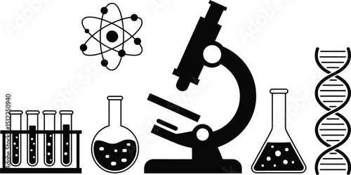 Illustration of science equipment including microscope test tubes dna and flasks in black and white style