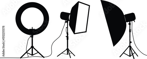A black and white image showcasing three different types of studio lighting equipment on stands neatly aligned