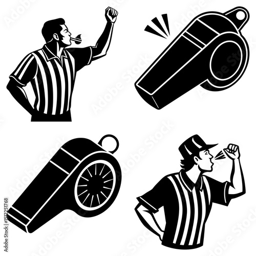 Illustrated referees blowing whistles with striped shirts and raised arms in black and white vector image