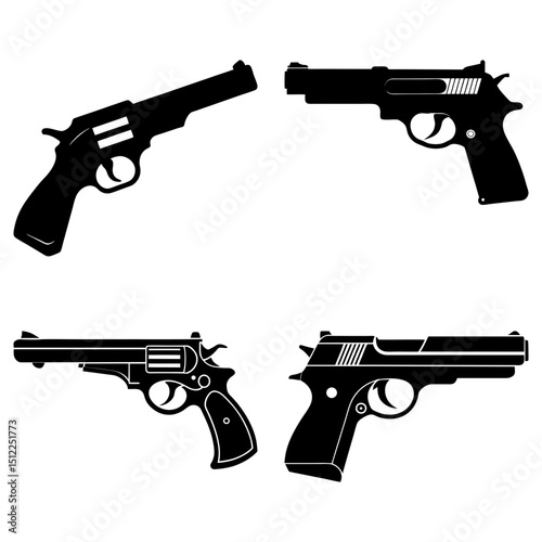 Illustration of four black silhouette pistols, two revolvers and two semi automatic handguns facing different directions