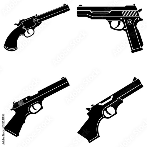 Collection of four black gun silhouettes featuring a revolver and various pistol designs isolated on white