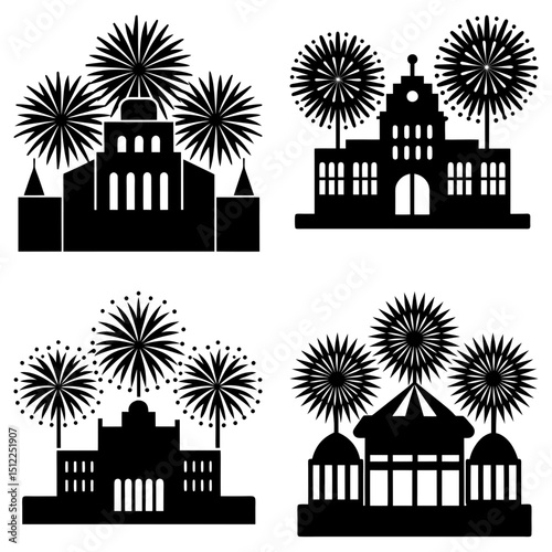 Four black silhouette buildings with fireworks display on a white background in a square arrangement