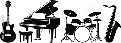 Silhouette illustration of a guitar, piano, drum set, and saxophone on a light background