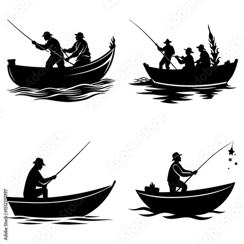 Silhouette illustration of fishermen in boats with fishing rods on the water surface scene art vector