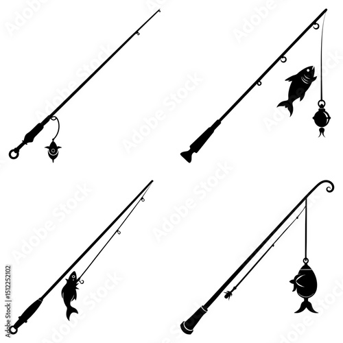 Four fishing rods with caught fish silhouettes in black and white vector illustration style design art
