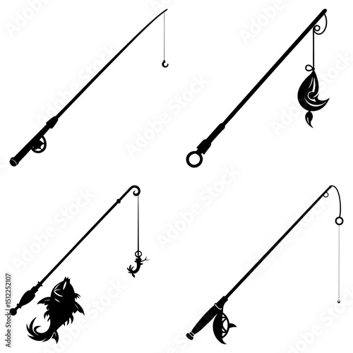 Collection of four fishing rod silhouettes with various hooks and catches in black and white design