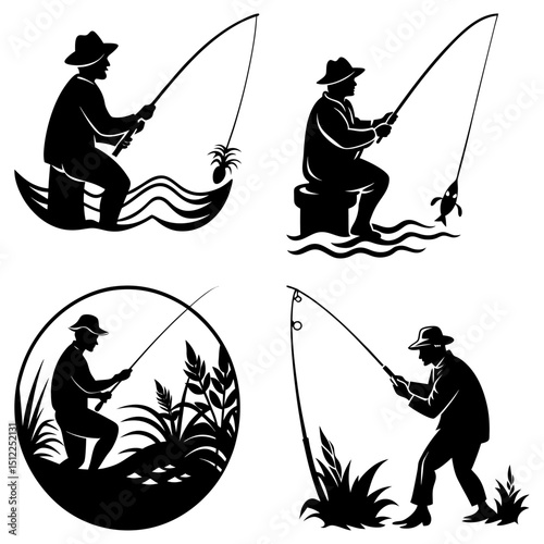 Silhouette illustrations of fishermen in different settings with fishing rods and fish caught