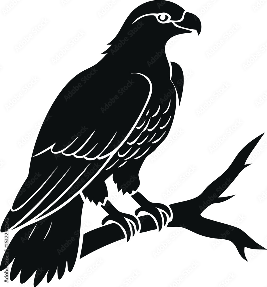 Obraz premium A striking vector illustration depicts a flying eagle silhouette against a white background, showcasing its majestic wings and feather details