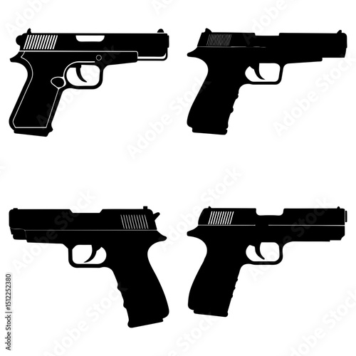 Four black silhouette pistols in different orientations on a white background image display