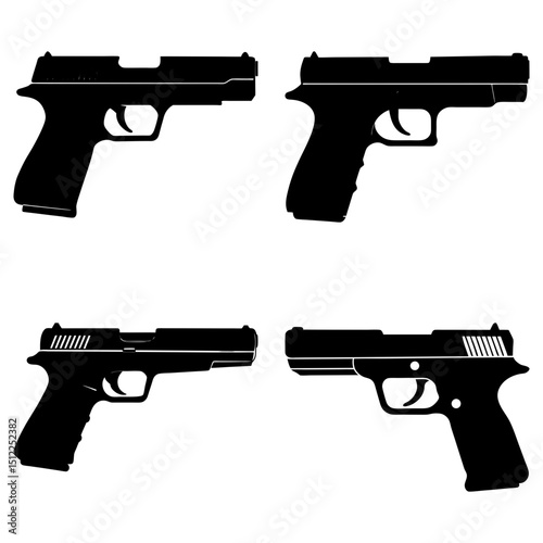 Four black silhouette pistols in different angles on a white background in a simple graphic design