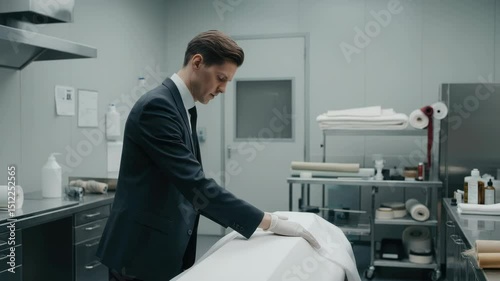 Funeral director preparing body in mortuary Caucasian male Sterile environment