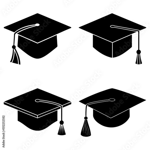 Four graduation caps in black and white with tassels representing academic achievement and success