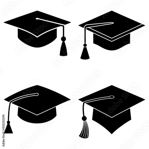 Four graduation caps with tassels in black and white representing academic achievement and graduation day celebration