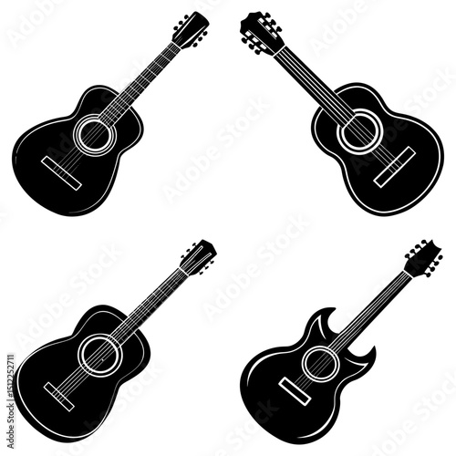 Four guitars in black and white with varying body shapes and string arrangements displayed artistically