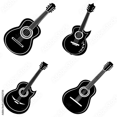 Four acoustic guitars with different body shapes and headstocks in black and white illustration style