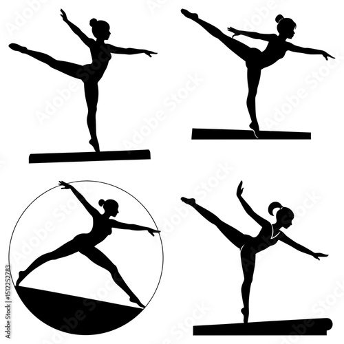 Silhouette of a gymnast performing arabesque on balance beam and inside a circle in various poses and forms
