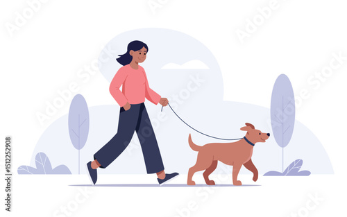 Happy woman walking her dog