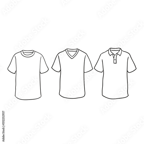 simple line art vector of t shirt and jersey with three neck model variant