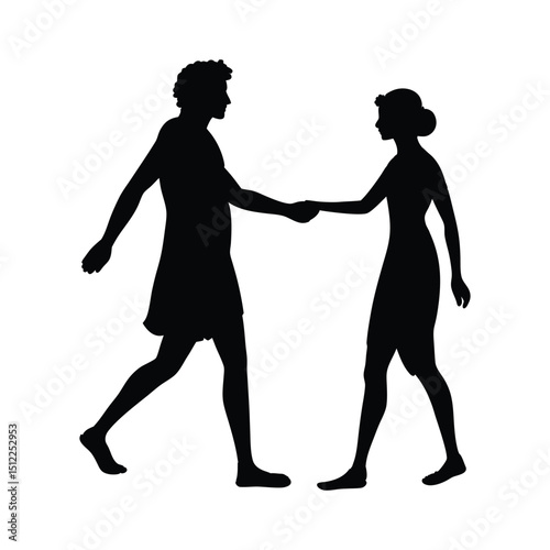silhouette of a man and woman holding hands, ancient greek style