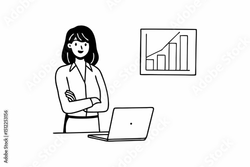 Accounting business concept, Confident accountant woman standing with arms crossed and smiling after working on laptop to analyzing about investment with business planning finance