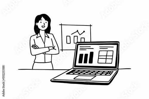 Accounting business concept, Confident accountant woman standing with arms crossed and smiling after working on laptop to analyzing about investment with business planning finance