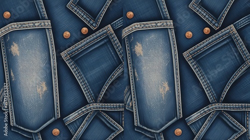 Distressed denim texture with overlapping pockets