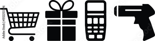 A shopping cart, gift box, card reader, and barcode scanner in a row on a white background image