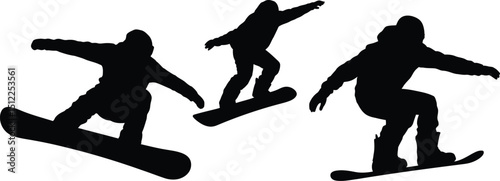 Three snowboarders in silhouette performing tricks against a white background in a dynamic composition