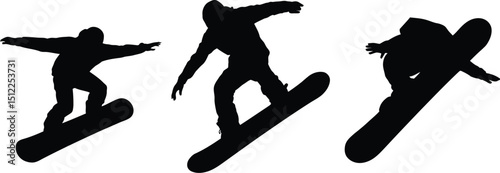 Three snowboarders in silhouette performing tricks against a stark white background in dynamic poses