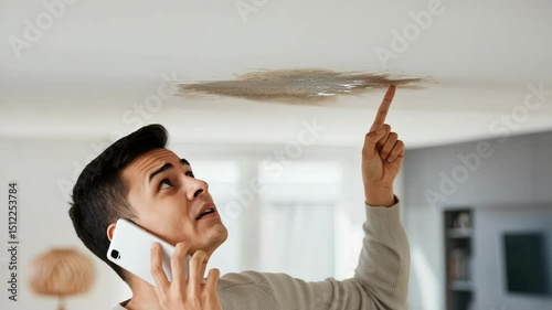 Concerned man on phone points at ceiling leak