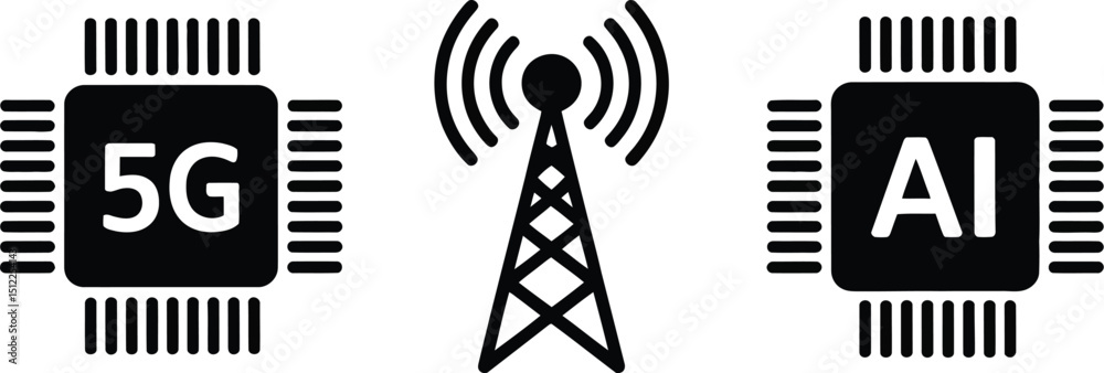 Fototapeta premium A graphical representation of ai and 5g technology with a central communication tower icon shown