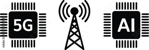 A graphical representation of ai and 5g technology with a central communication tower icon shown