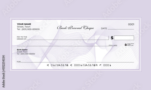 Blank Bank Check, Bank Cheque design with a guilloche design