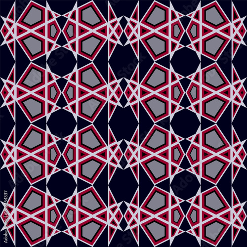 Geometric complex seamless pattern. Complicated colorful background. Mosaic ornament of polygonal shapes. Diamond grid square tile. Classic black red kaleidoscope design
