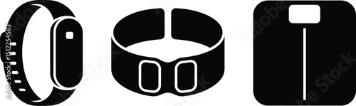 Illustration of a fitness tracker, a chest strap heart rate monitor, and a bathroom scale in black color