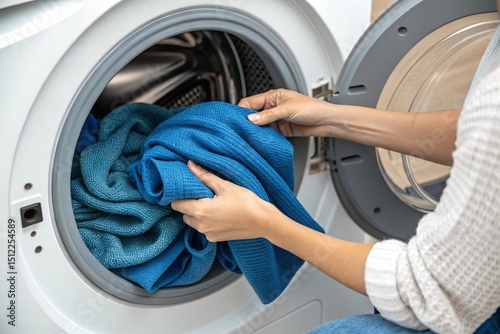 Close-up of a woman putting blue wool clothes into a washing machine.